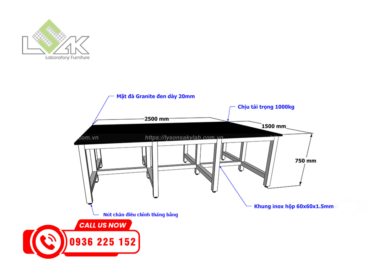 Kích thước bàn đặt máy thí nghiệm chịu tải trọng nặng khung bàn chịu tải sử dụng Inox SUS304.